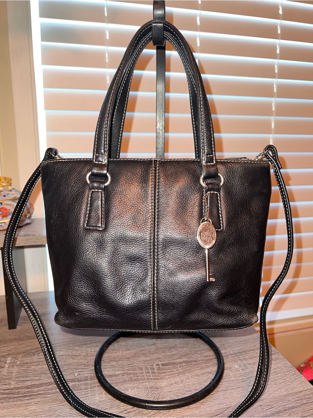 Fossil Black Pebbled Leather Shoulder Tote with Key Charm